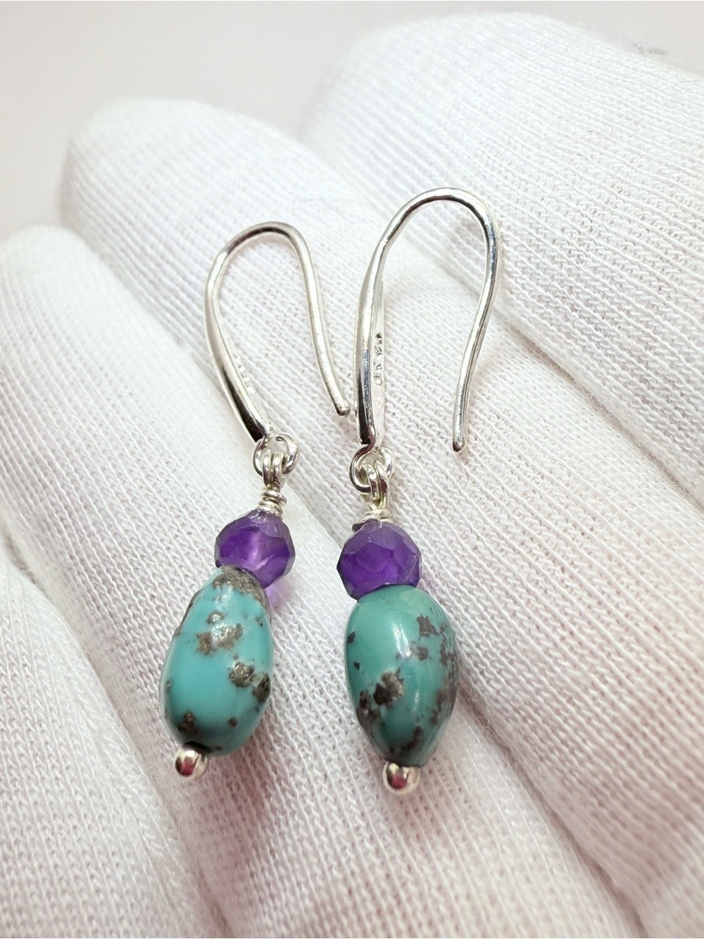 Hand Crafted Boho Sterling Silver Turquoise and Amethyst Drop Earrings!